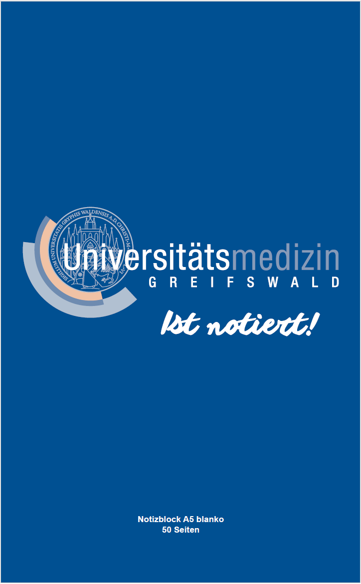 Ein einfacher Schreibblock mit einem zentralen, blau-orange gestalteten Logo der Universitätsmedizin Greifswald.